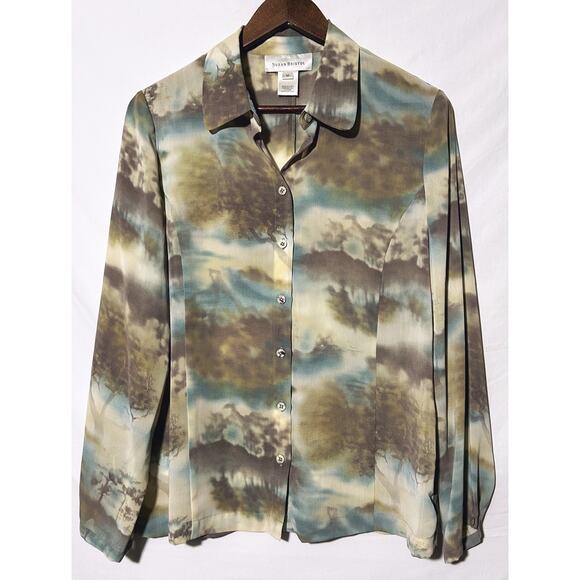 Susan Bristol Abstract Print Sheer Long Sleeve Shirt Medium - Picture 1 of 6